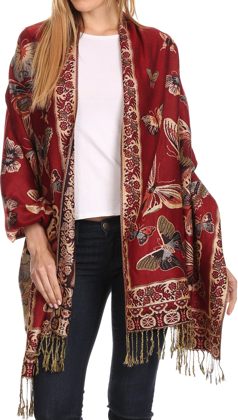 Sakkas Liua Long Wide Woven Patterned Design Multi Colored Pashmina Shawl/Scarf - Red - OS - Image 1